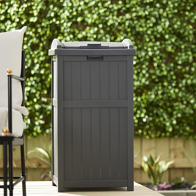 Suncast Outdoor Trash Hideaway, Resin Refuse Container w/ Lid, Cyberspace, 30 Gallon Capacity - Stylish Concealed Waste Storage for Patio, Backyard, Deck or Garden, Use 30-33 Gal. Garbage Can Liners