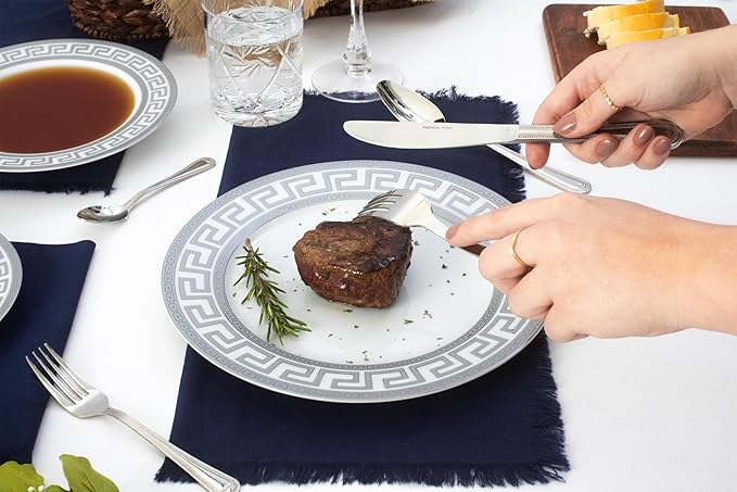 Porcelain Dinnerware Set for 1 - White and Silver Luxurious 4 Piece Greek Key Design - Elegant Dinner Plates with Mugs - Dining Kitchenware for Home, Formal Occasions and Everyday Dishes