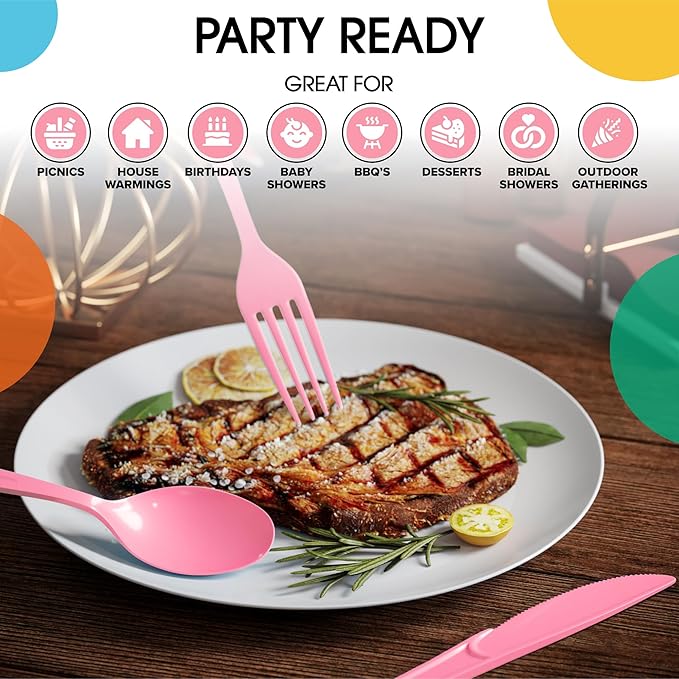 Party Solids Pink Plastic Silverware Heavy Duty 150 Pieces Pink Disposable Silverware Heavy Duty, Utensil Sets, 50 Of Each Forks, Knives & Spoons Disposable Cutlery Set For Party Supplies