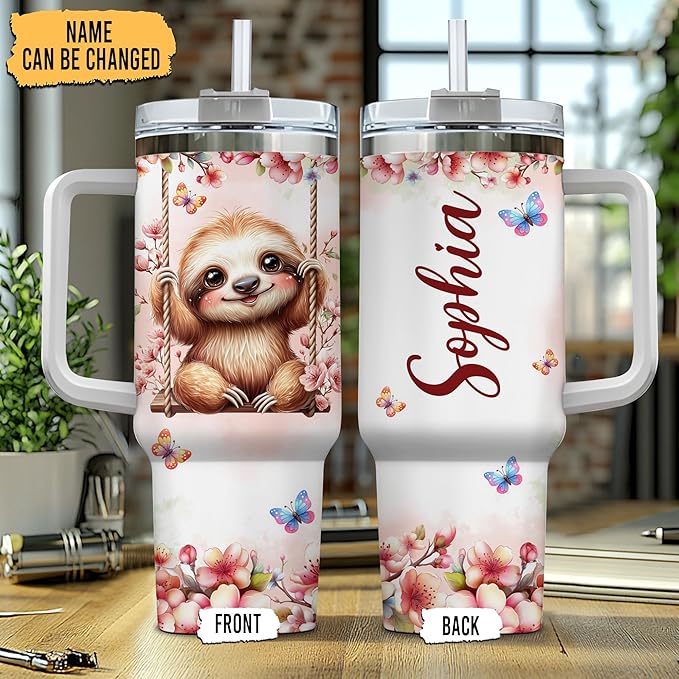 Personalized Sloth 40oz Tumbler with Handle and Straw Gifts for Women Sloths Lovers, Cute Sloth Cup, Animal Lovers Gift Idea on Birthday Christmas, Custom Name Stainless Steel Travel Cup