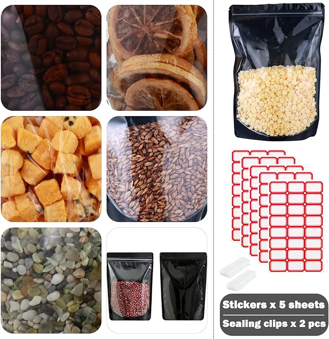 150-pack 7" x 10" Large Stand Up Mylar Bags with Clear Window 1 Quart Resealable Foil Pouches for Food Storage Smell Proof Edible Packaging Bag for Cookies and Small Business, Bulk