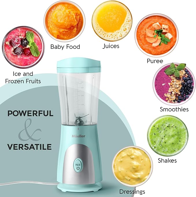 Mueller Smoothie Blender for Smoothies - Personal Blender for Shakes, Frozen Drinks, Baby Food & More, 15oz Travel Cup and Lid, Durable Stainless Steel Blades for Powerful Blending Performance