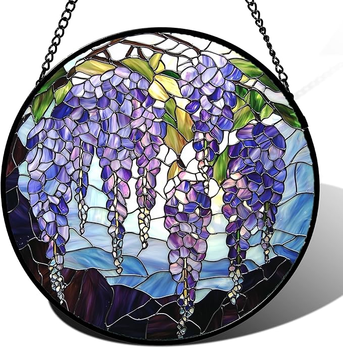 Stained Glass Window Hanging, Wisteria Flower Sun Catcher for Door Home Decor Purple and Blue Suncatcher Christmas Mother's Day Birthday Gifts for Women Men Mom and Nana 11.8 in