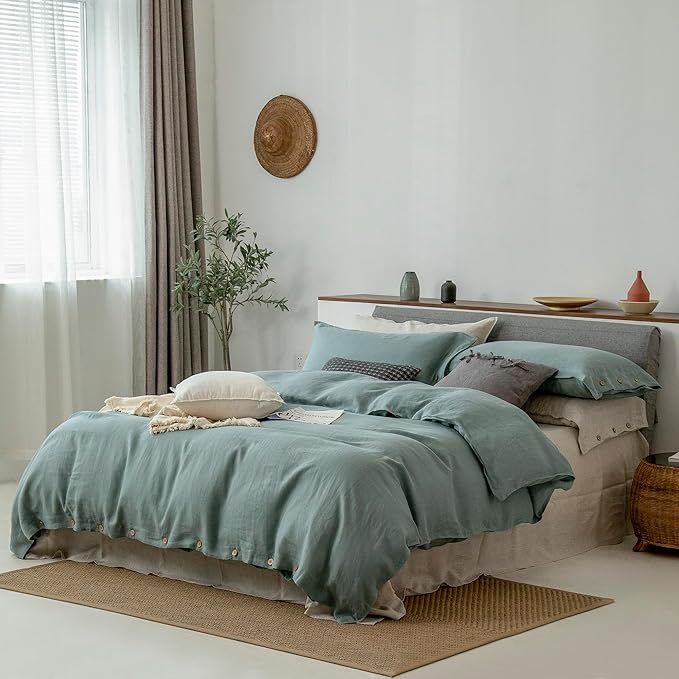 EVERLY 100% Pure Linen Duvet Cover Set Queen Size90X90Inch 3pcs (1 Duvet Cover,2 Pillowcases) Soft and Breathable for All Season with Coconut Button Closure, Suitable for Hot Sleepers-Aqua-Queen