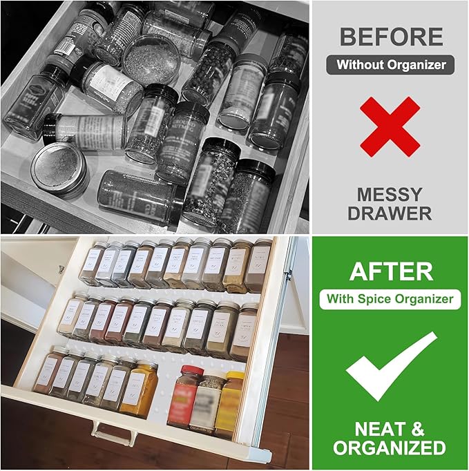 Gosmol Spice Drawer Organizer insert, Adjustable & Non-Slip Silicone Spice Drawer Liner, in Drawer Spice Organizer for Seasoning Jars and Spices Bottles -White