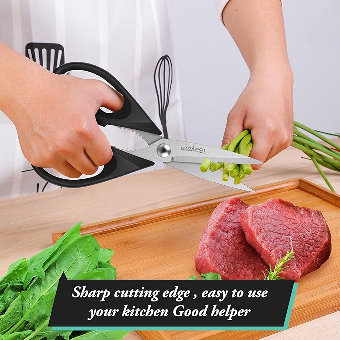 iBayam Black Kitchen Scissors - Heavy Duty Meat & Poultry Shears, Dishwasher Safe Stainless Steel Utility Scissors, 2-Pack Black Kitchen Utensils Set for New Home Essentials