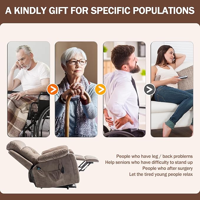 Oversized Power Lift Recliner Chair for Elderly with Massage Heat, Light Brown Velvet Electric Lay Flat Recliners with Cup Holders, Side Pockets, Infinite Position, Gift for Family