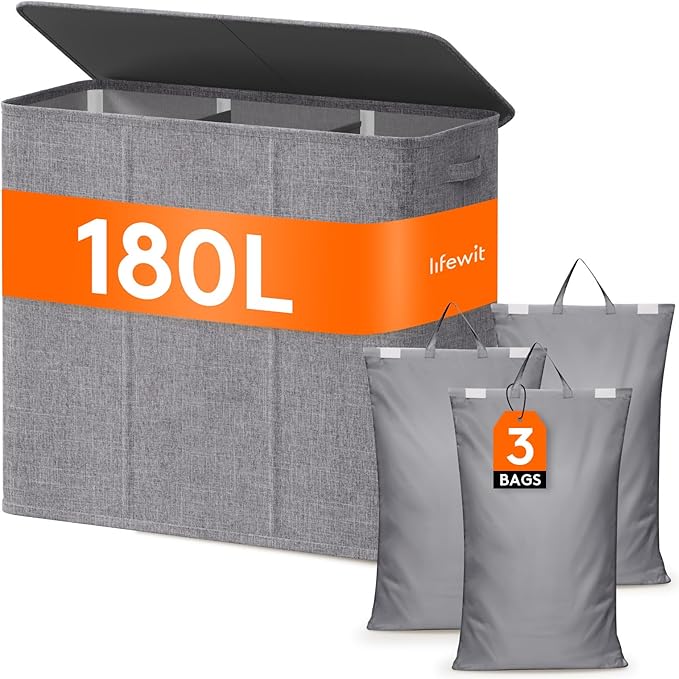Lifewit Triple Laundry Hamper with Lid and Removable Laundry Bags, Large Collapsible 3 Dividers Dirty Clothes Basket with Handles for Bedroom, Laundry Room, Closet, Bathroom, College, 180L Light Gray