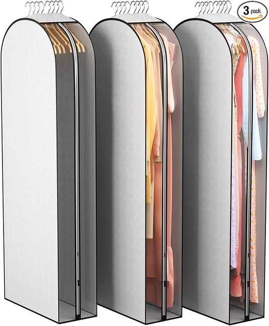 10" Gusseted Garment Bags for Hanging Clothes 60" Suit Bags for Open Closet Storage, Side Clear Clothing Cover for Coat, Dress, Jacket, Shirt, Fur Wardrobe Protector, 3 Packs, Grey