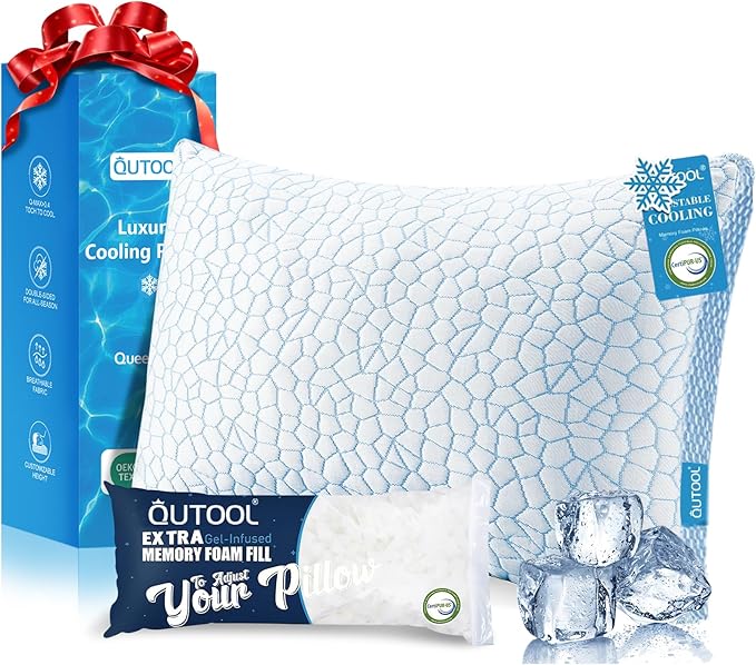 QUTOOL Enhanced Cooling Gel Pillow Queen Size 1 Pack, CertiPUR-US Shredded Memory Foam Pillows for Hot Sleepers, Support Yet Soft Adjustable Bed Pillow for Side, Back, Stomach Sleepers, Home Gifts