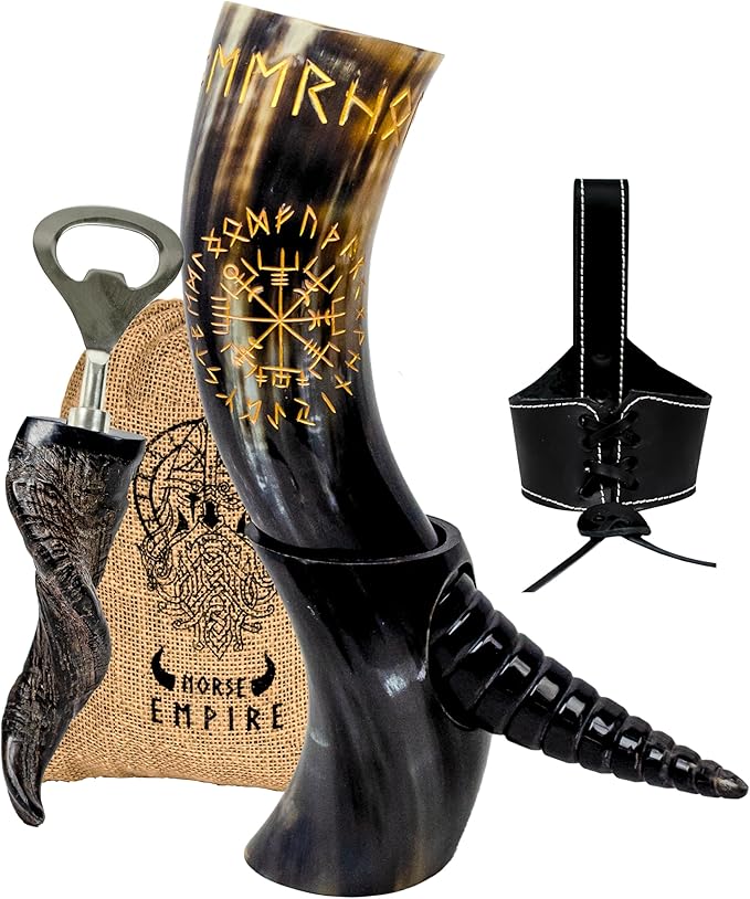 Genuine Ox-Horn Viking Drinking Horn Unique & Hand Crafted with Bottle Opener, Leather Holster Food Grade Tankard Cup for Drink Beer, Ale, Mead, Whiskey Gift For Men & Women…