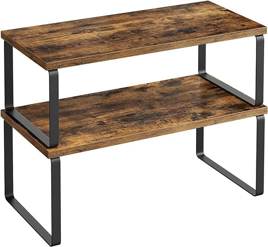SONGMICS Cabinet Organizer Shelf, Set of 2 Kitchen Counter Shelves, Kitchen Storage, Spice Rack, Stackable, Expandable, Metal and Engineered Wood, Ink Black and Rustic Brown UKCS200X01