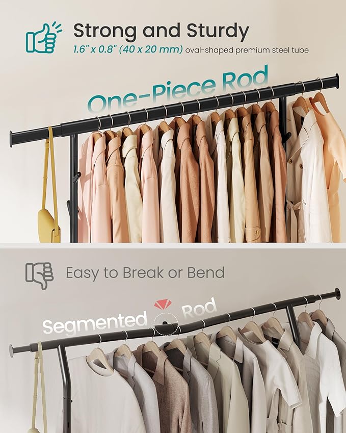 SONGMICS Clothes Rack, Heavy-Duty Rolling Clothing Garment Rack with Wheels, Extendable Hanging Rod and Adjustable Height, Portable, with Shelf and Hooks, Ink Black UHSR014B01