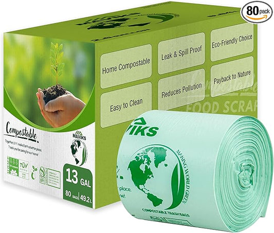 Super Durable Biodegradable Compostable Trash Bags 13 Gallons / 49.2 Liter, Green Biodegradable Trash Bags 80 Pcs, Small Kitchen Compost Bags for Countertop Bin, BPI & OK Compost Certified
