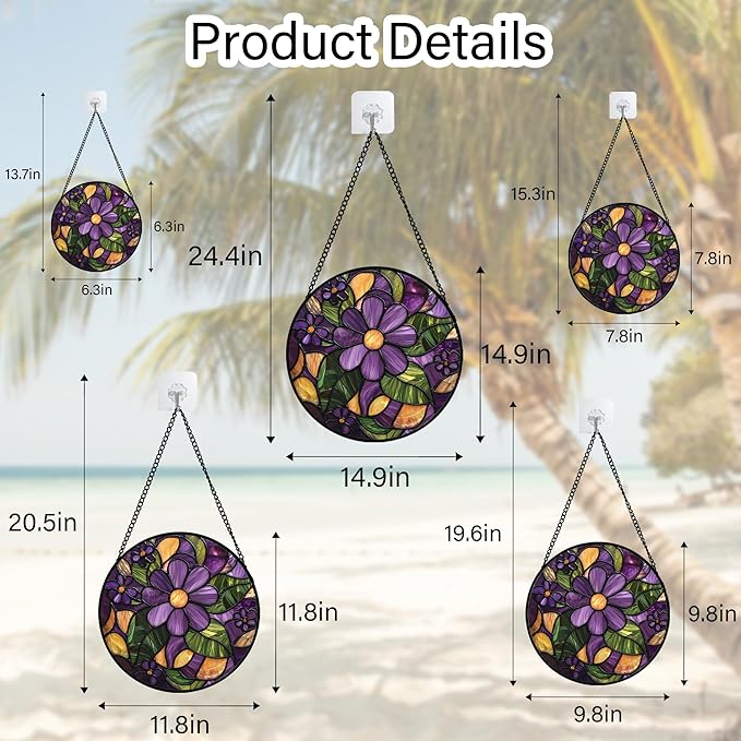 Stained Glass Window Hanging, Purple Green Flowers Sun Catcher for Door Home Decor Plants Suncatcher Christmas Mother's Day Birthday Gifts for Women Men Mom and Nana 9.8 in