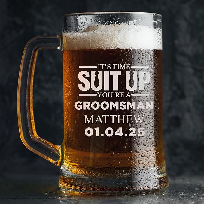 Groomsmen Gifts - Personalized Beer Mugs - Groomsmen Proposal Gift Idea - Customized Gift for Groom, Best Man, Groomsman - Custom Engraved Beer Mugs for Grooms Men - Groomsmen Beer Glasses (Design A)
