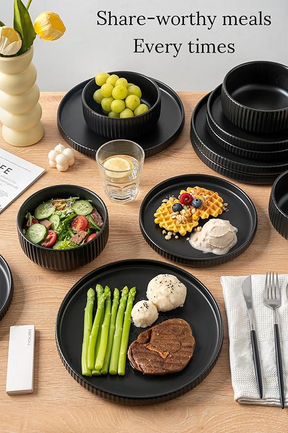 Modern Plates and Bowls Set for 6,18 Piece Black Ceramic Dinnerware for Stylish Families – Microwave Safe Dish Set for Daily Dining