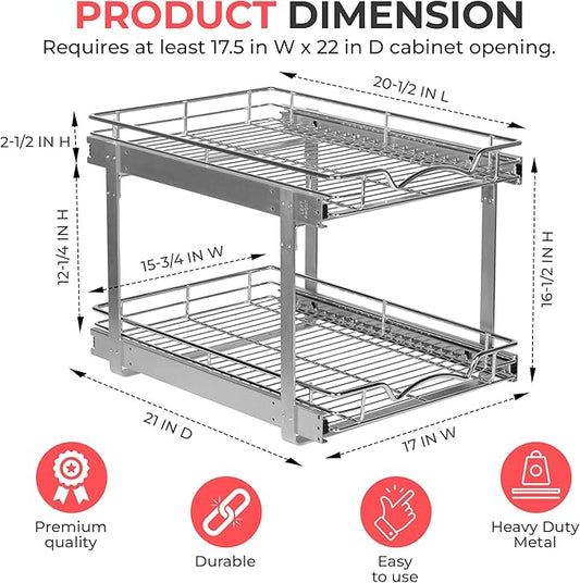 HOLDN’ STORAGE Two Tier Pull Out Cabinet Organizer, Individual Sliding Drawers - Heavy Duty Metal with Lifetime Limited Warranty - Anti Rust Chrome Finish - 17" W x 21”D x 16.5" H