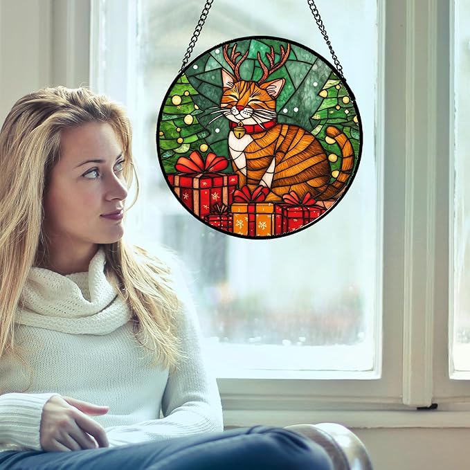 Stained Glass Window Hanging Orange Cat Elk Antler 6.3" - Suncatcher Door Garden Kitchen Sun Catcher Home Decor Birthday Gifts for Lost Pets Mom Men Woman Friend Grandma