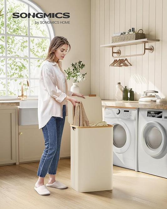 SONGMICS Laundry Hamper with Lid, Large Laundry Basket, 23.8 Gallons (90L), Removable Mesh Liner, Bamboo Handles, Collapsible, 16.5 x 12.6 x 27.8 Inches, Cream White ULCB509W01