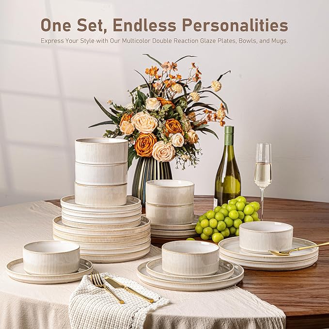 GBHOME Stoneware Dinnerware Sets for 4,Round Reactive Glaze Ceramic Plates and Bowls Set,Highly Scratch Resistant | Dishwasher & Microwave Safe Dishes Set,Service for 4(12Pcs),Vanilla White