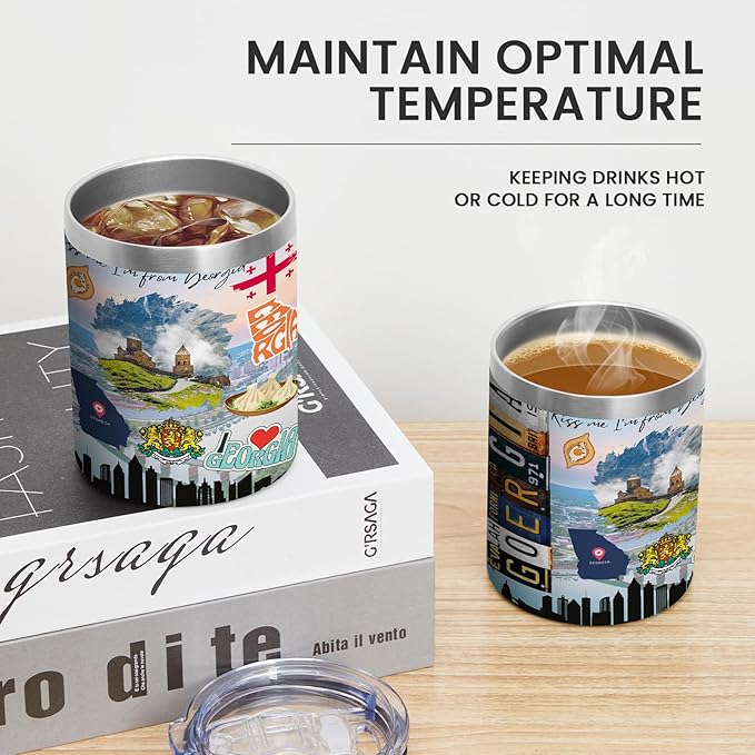 12oz Coffee Mug Georgia State Insulated Coffee Cups, United States Map Travel Mug Landmark, Birthday Gifts Cute Mugs with Lid and Straw Mothers Day Gifts