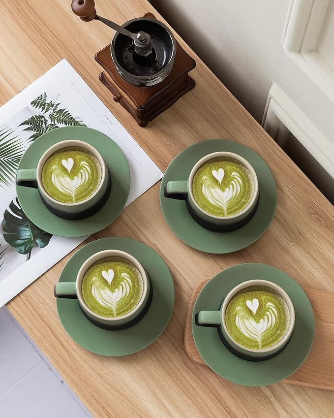 ZENS 8 Ounce Cappuccino Cups Set of 4, Embossed Artistic Cappuccino Mug with Saucers for Latte Art, Ceramic Coffee Cups for Au Lait Cafe or Matcha Tea Cup Gifts, Moss Green & Black