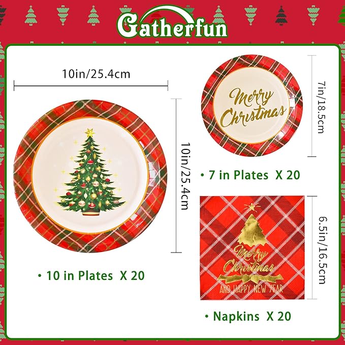 Gatherfun Christmas Party Supplies Christmas Tree Red Plaid Disposable Paper Dinner Plates Dessert Plates and Napkins for Party, Serve 20