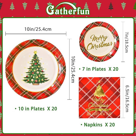 Gatherfun Christmas Party Supplies Christmas Tree Red Plaid Disposable Paper Dinner Plates Dessert Plates and Napkins for Party, Serve 20