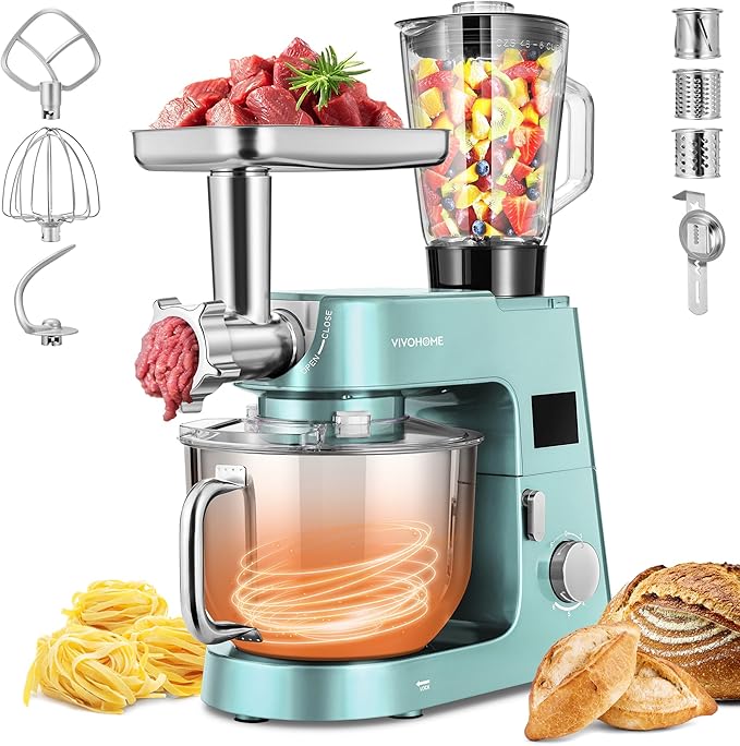VIVOHOME 9 in 1 Multifunctional Stand Mixer with Fermentation, 6 Speed 7.5 Quart Kitchen Electric Food Mixer with Timer, Meat Grinder, Juice Blender, Vegetable Slicer, Pasta and Cookie Maker, Blue