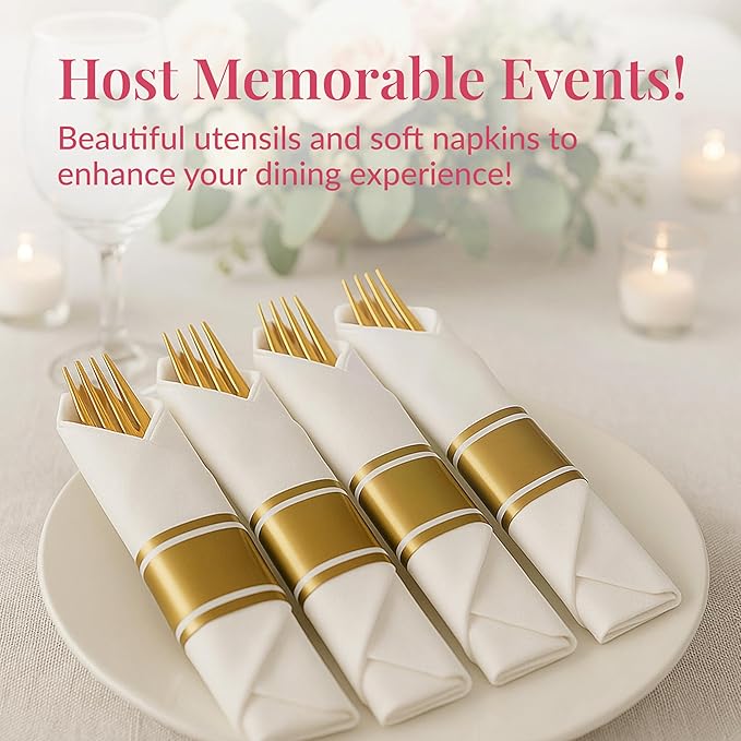 Prestee 200 Piece Gold Plastic Silverware Set for 50 Guests - Premium Pre Rolled Cutlery Set with Napkins - Elegant Disposable Silverware with Forks, Knives, and Spoons for Weddings and Thanksgiving