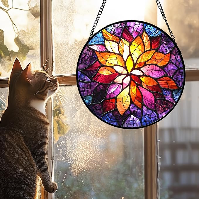 Stained Glass Window Hanging, Fuchsia Abstract Flowers Suncatcher for Window Home Decor Orange Sun Catcher Mother's Day Birthday Gifts for Women Men Mom Nana 9.8 in
