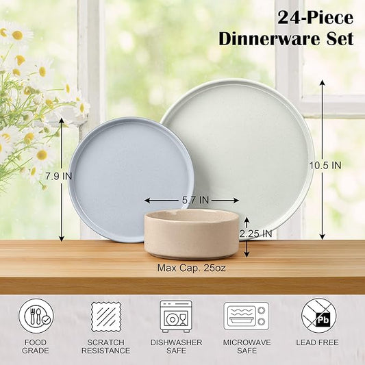 E-far Dinnerware Sets for 8, 24-Piece Stoneware Plates and Bowls Dish Set, Modern Kitchen Dinning Dishware, Chip and Scratch Resistant, Microwave & Dishwasher Safe, Speckled Multicolor