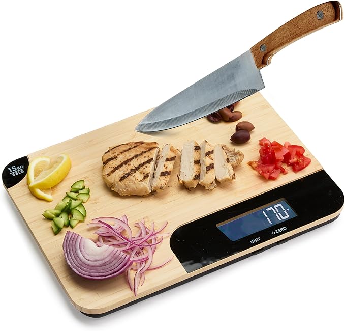 Sharper Image Bamboo Cutting Board & Digital Food Scale, 33 lb Capacity, Measures Grams & Ounces, Multi-Functional for Food Prep, Baking, Dieting, Portion Control, Kitchen Gadgets Gift