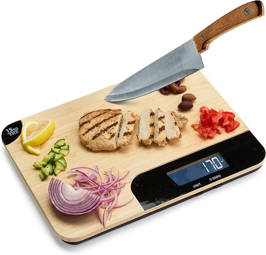 Sharper Image Bamboo Cutting Board & Digital Food Scale, 33 lb Capacity, Measures Grams & Ounces, Multi-Functional for Food Prep, Baking, Dieting, Portion Control, Kitchen Gadgets Gift