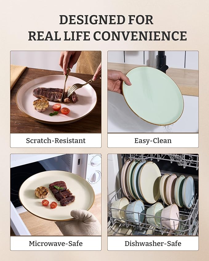 Famiware Saturn Dinnerware Sets, Plates and Bowls Sets for 4, 12 Pieces Stoneware Dish Set - Chip and Scratch Resistant, Microwave and Dishwasher Safe Tableware Set, Multi-color with Rim