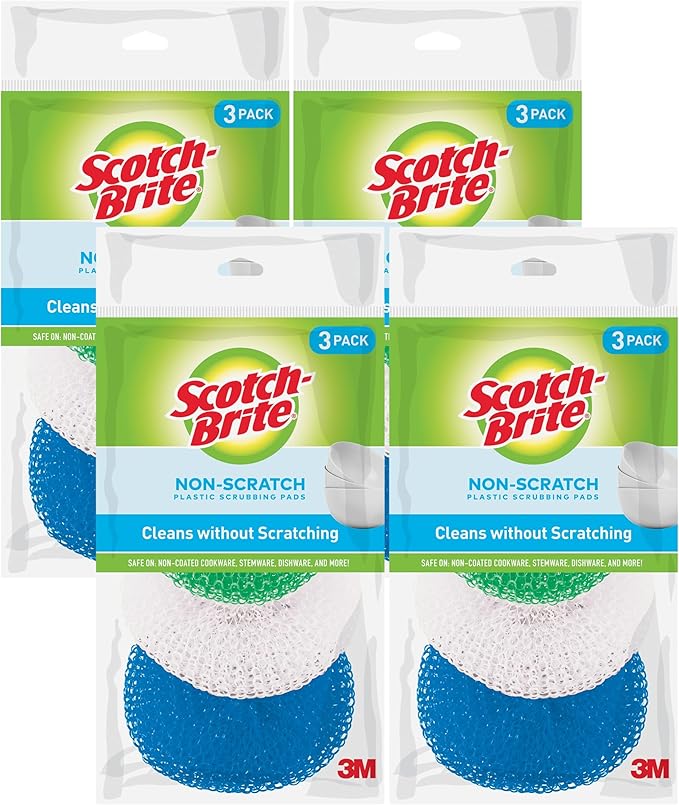 Scotch-Brite Non-Scratch Scouring Pads – Plastic Dish Scrubbers for Kitchen Cleaning, Safe on Non-Stick Cookware & Surfaces, Easy-Rinse Reusable Scrub Pads for Dishes and Pots, 12 Scrubbing Pads Pack