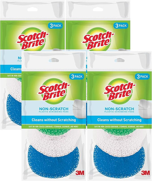 Scotch-Brite Non-Scratch Scouring Pads – Plastic Dish Scrubbers for Kitchen Cleaning, Safe on Non-Stick Cookware & Surfaces, Easy-Rinse Reusable Scrub Pads for Dishes and Pots, 12 Scrubbing Pads Pack