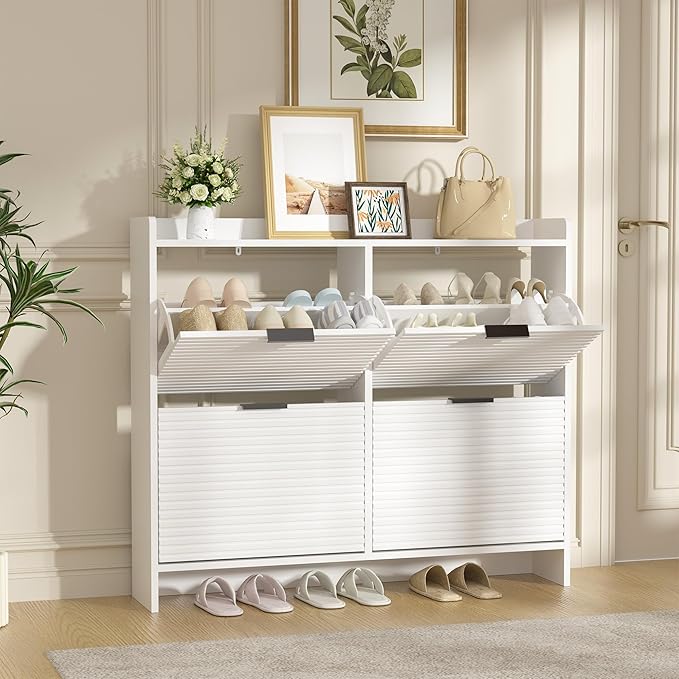 White Shoe Storage Cabinet for Entryway with 4 Flip Drawers, Narrow Wood Shoe Rack Cabinet,Hidden Slim Shoe Storage Freestanding Shoe Organizer Cabinet for Hallway