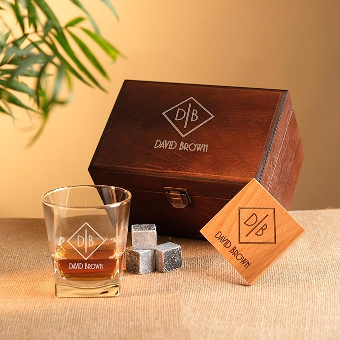Personalized Whiskey Glasses Set with Custom Whiskey Glasses - Personalized Gifts for Men, Gifts With Engraved Wooden Box and Whiskey Stones