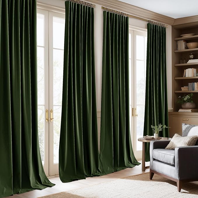 NICETOWN Olive Green Blackout 120 inch Long Velvet Curtains for Bedroom, Floor to Ceiling Room Darkening Privacy Protection Multiple Hanging Options Pleat Tab Window Drapes, 52 Wide Each Panel, 2 Pcs