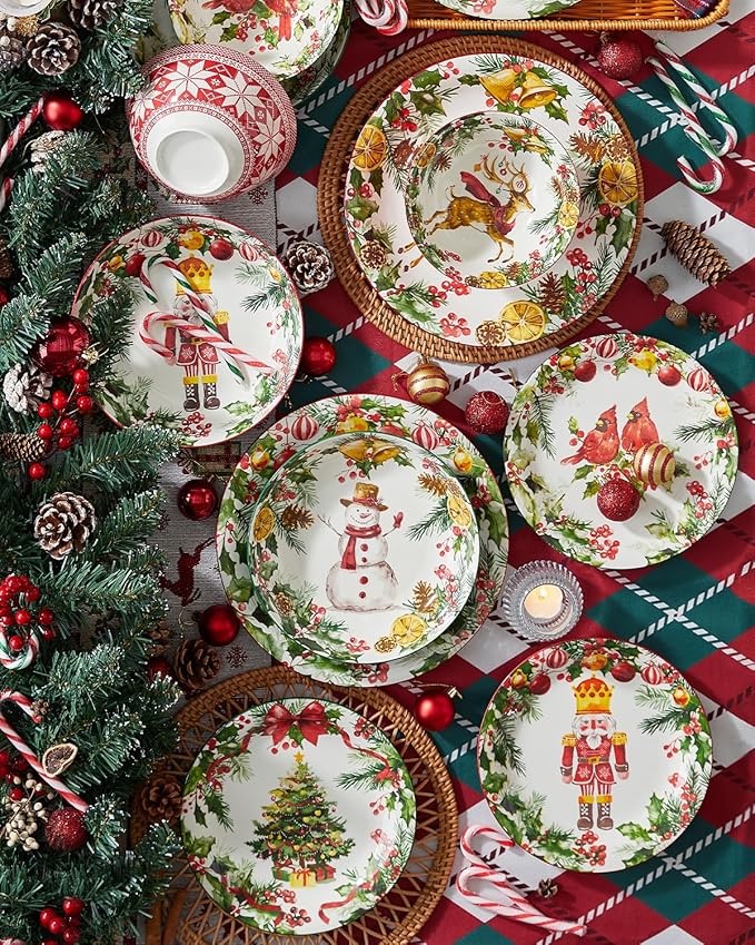 Christmas Salad Plates, 8 Inch Ceramic Plate Set, Appetizer Dishes for Pasta, Side Dishes, Holiday Treats, Dishwasher & Microwave Safe, Set of 6