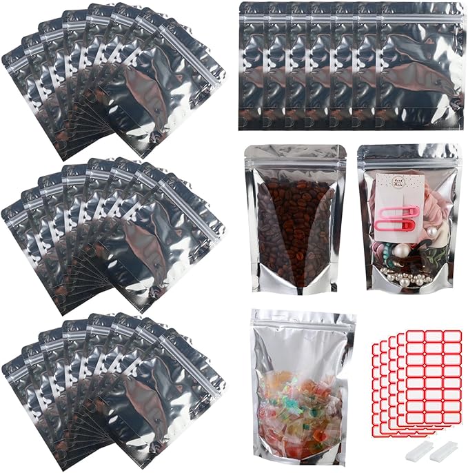 150-pack 4.7" x 7.9" Stand Up Mylar Bags with Clear Window Resealable Silver Aluminum Foil Pouches for Food Storage Smell Proof Edible Packaging Bag for Cookies and Small Business Bulk