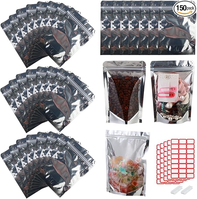 150-pack 7” x 10” Stand Up Mylar Bags with Clear Window 1 Quart Resealable Silver Aluminum Foil Pouches for Food Storage Smell Proof Edible Packaging Bag for Small Business Bulk