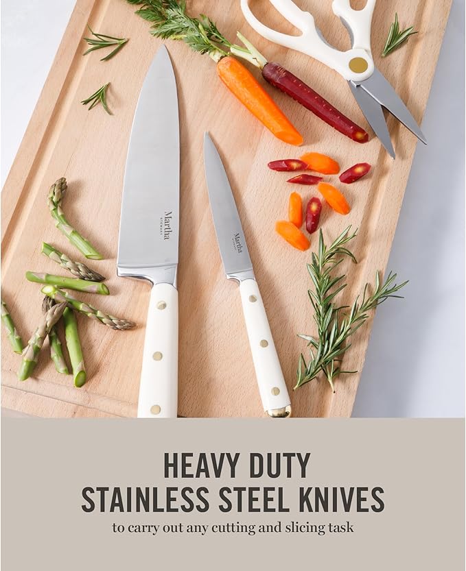 Martha Stewart 16 Piece Lockton High Carbon Stainless Steel Cutlery Kitchen Knife Block Set W/ABS Tripe Riveted Forged Handle Acacia Wood Block - Linen White W/Gold