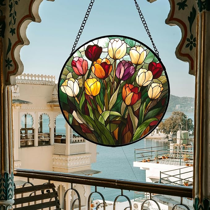 Stained Glass Window Hanging Colorful Tulip Large 11.8" - Flower Suncatcher Door Garden Sun Catcher Home Plant Decor Birthday Mother's Day for Mom Woman Friend Nana Colleague