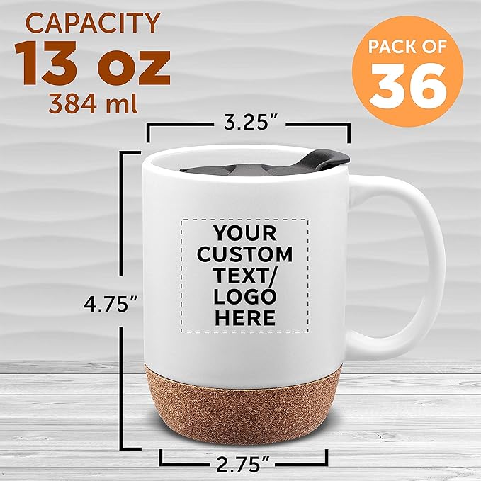 Custom Barista Ceramic Mugs with Cork Bottom 13 oz. Set of 36, Personalized Bulk Pack - Perfect for Coffee, Tea, Espresso, Hot Cocoa, Other Beverages - White