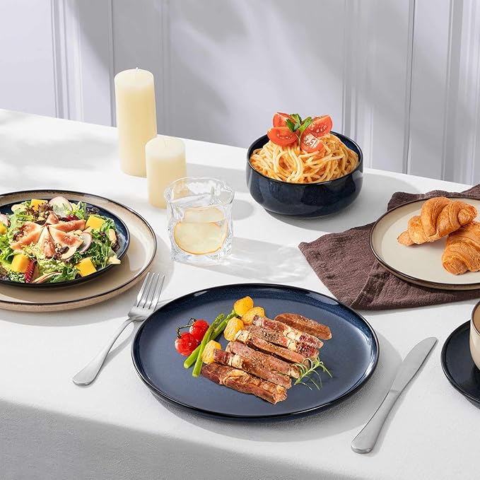 Herogo 12 Pieces Stoneware Dinnerware Dishes Sets for 4, Kitchen Dining Plates and Bowls Sets, Double Reactive Glaze, Microwave & Dishwasher Safe, Scratch Resistant, Starry Blue & Cream Khaki