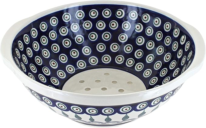 Polish Pottery 10-inch Colander (Peacock Leaves Theme) + Certificate of Authenticity