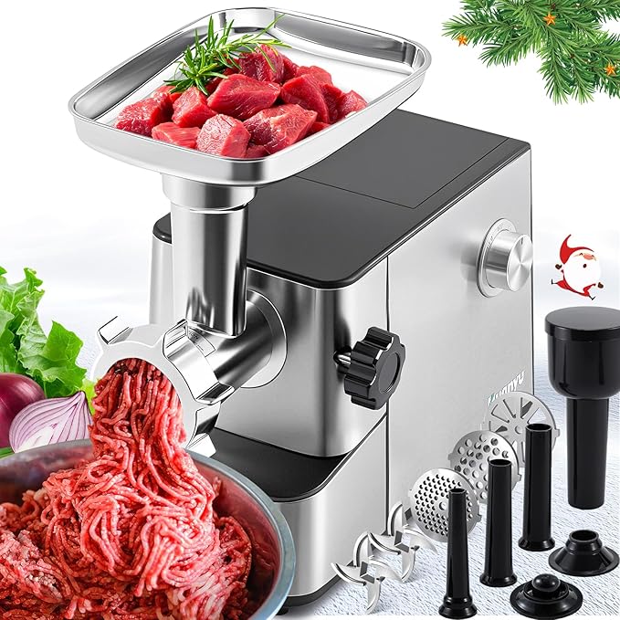 Huanyu Meat Grinder Electric 3200W Max Power, Built-in Storage, Heavy Duty, 2 Blades, 3 Plates, Sausage Tubes and Kubbe Kit #10 Outlet for Home Use